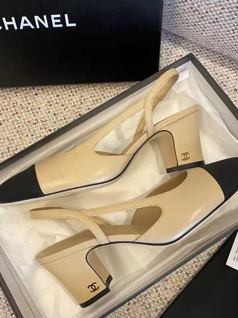 Chanel Beige Black Two-Tone Cutout Slingback Block Heels